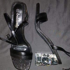 Fashion Nova Black Jeweled Block Heel Sandals